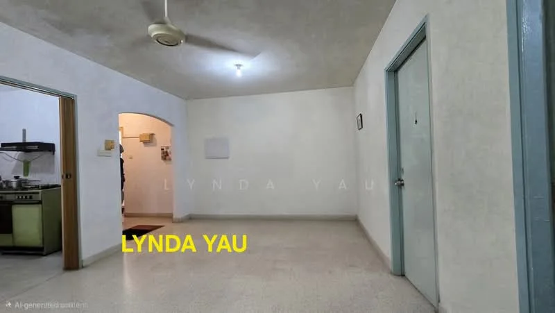 Room features: white painted walls, ceiling with light fixture, light-colored tile flooring, single ceiling fan, door with blue frame, open layout, archway leading to another room, no visible furniture; style: minimalist.