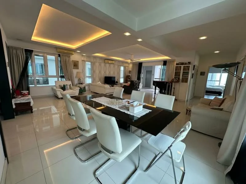 Living features: white painted walls, tray ceiling with recessed lighting, large floor-to-ceiling windows, cream-colored sofa, 2-seater fabric sofa, coffee table, TV console, wall-mounted TV, area rug, ceiling fan with light, dining table with black surface, 8 white dining chairs, decorative wall shelving, curtains, piano; style: modern; view: city.