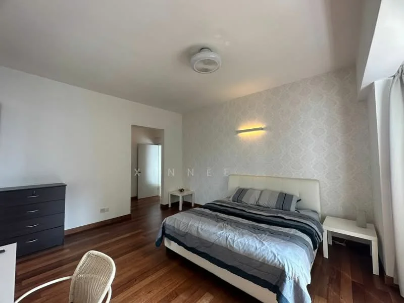Bedroom features: king-size bed with upholstered headboard, striped bedding in grey and blue, two bedside tables, wall-mounted light fixture, wooden flooring, decorative wallpaper with pattern, ceiling fan, large window with sheer curtains, dresser with multiple drawers; style: modern.
