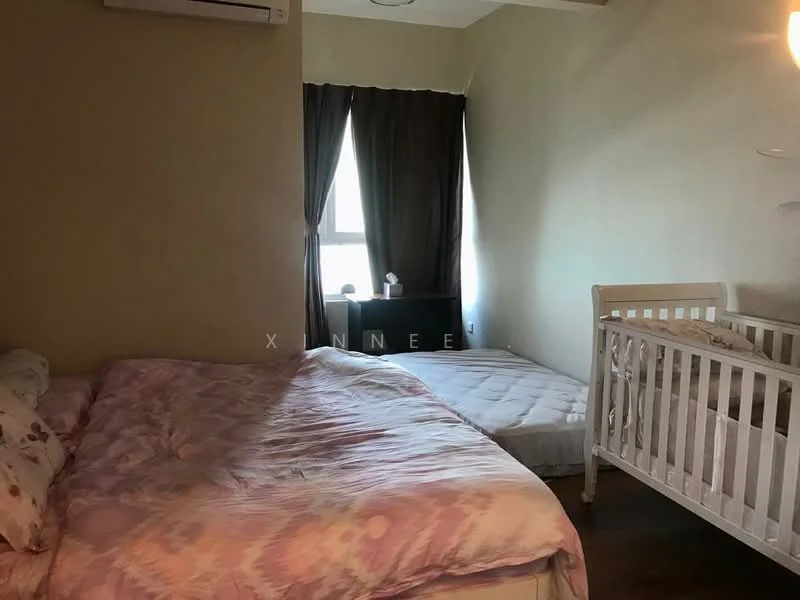 Bedroom features: queen-size bed with floral bedding, single mattress on the floor, white wooden crib, dark curtains, light beige painted walls, wooden flooring, wall-mounted air conditioning unit, table lamp on bedside table; style: modern.