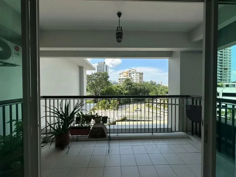 Room features: tiled flooring, glass sliding door, balcony railing, hanging light fixture, potted plants, view of city skyline, outdoor space, overhead lighting; style: modern; view: city.