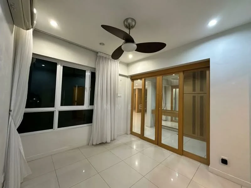 Room features: white painted walls, glossy white tile flooring, 5-blade ceiling fan with light, floor-to-ceiling windows, sheer curtains, wooden sliding doors, recessed downlights; style: modern.