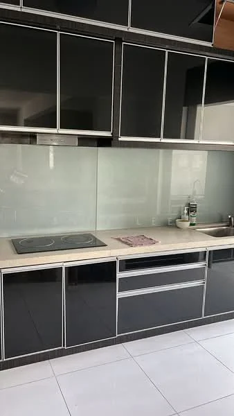 Kitchen features: black high-gloss cabinetry, white quartz countertop, glass backsplash, built-in induction cooktop, stainless-steel range hood, single-bowl stainless-steel sink, chrome pull-down faucet, drawer storage, open shelving, tile flooring, recessed downlights; style: modern.