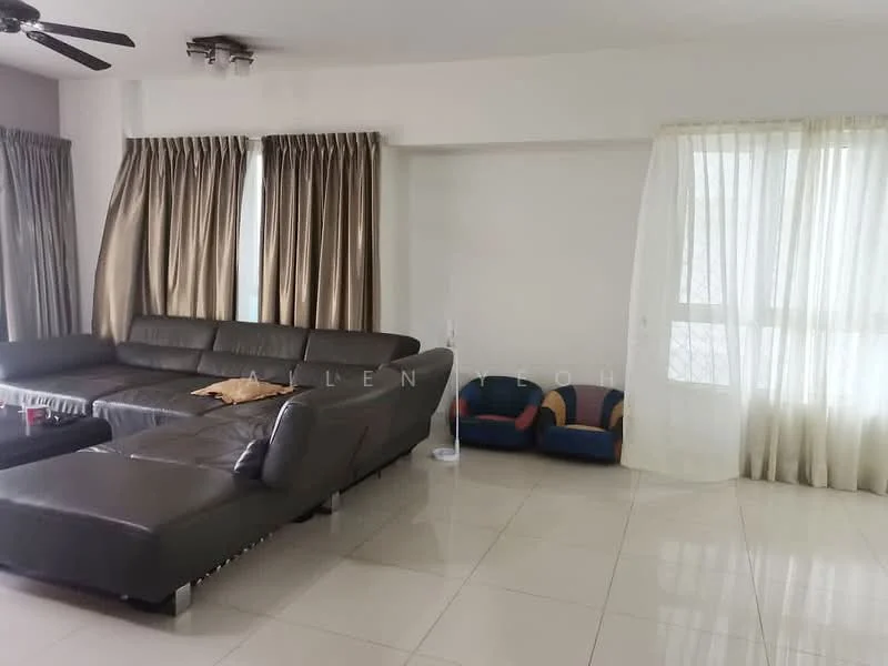 Living features: 3-seater leather sofa in dark grey, coffee table, floor-to-ceiling windows, sheer curtains, dark brown curtains, ceiling fan, polished ceramic tile flooring, decorative wall with light color, corner seating area with cushions; style: modern.