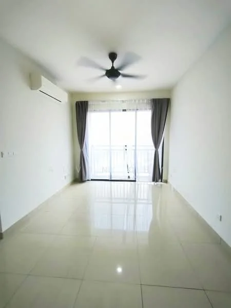 Living features: white painted walls, glossy ceramic tile flooring, 5-blade ceiling fan with light, floor-to-ceiling sliding glass door, sheer curtains, air conditioning unit, neutral color scheme; style: modern.