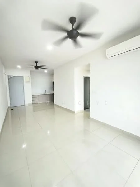 Living features: white painted walls, glossy ceramic tile flooring, 2 ceiling fans, 1 wall-mounted split AC, recessed downlights, open layout, neutral color scheme, doorway leading to other rooms; style: modern.
