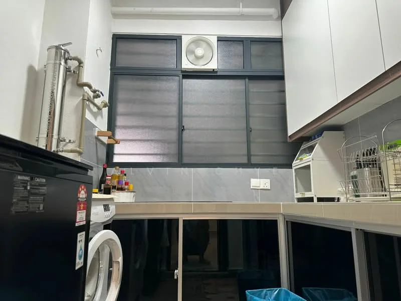 Laundry features: front-load washing machine, black washing machine, white cabinetry, grey tiled flooring, wall-mounted fan, window with horizontal blinds, shelves for storage, plastic laundry baskets; style: modern.
