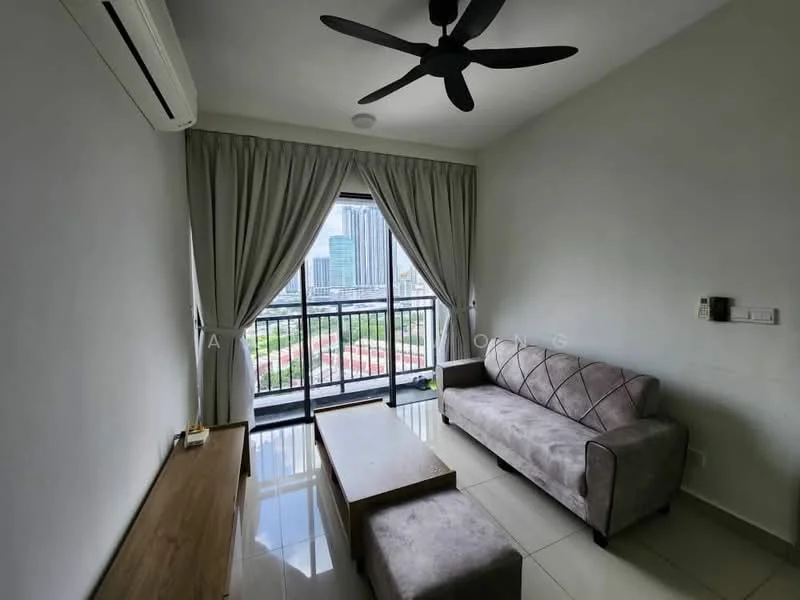 Living features: grey fabric sofa, wooden coffee table, floor-to-ceiling windows, sheer curtains, 5-blade ceiling fan, wall-mounted air conditioning unit, light-colored painted walls, glossy tile flooring; style: modern; view: city.
