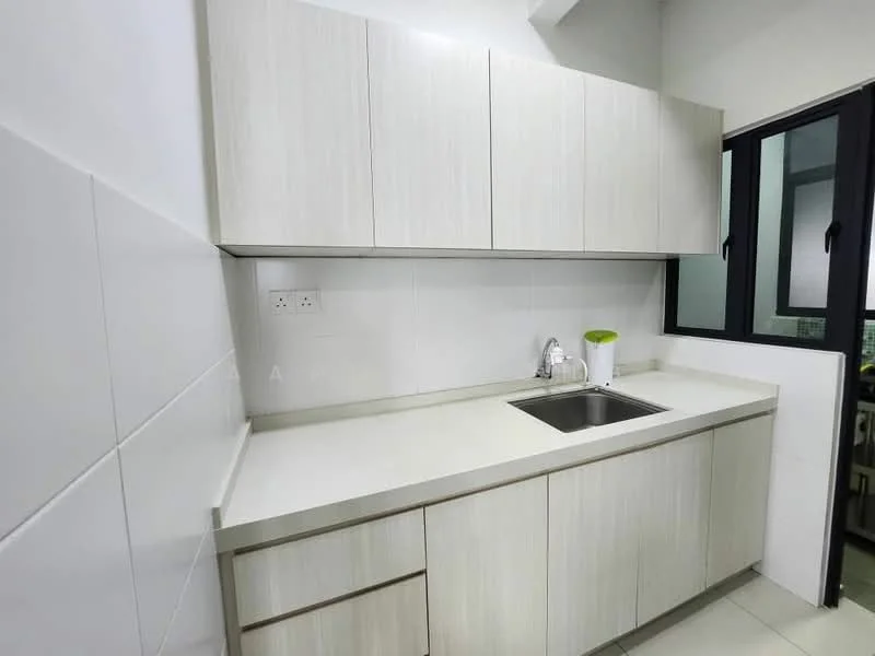 Kitchen features: light wood cabinetry, white countertop, single-bowl stainless-steel sink, chrome pull-down faucet, white tiled backsplash, grey tiled flooring, window with black frame, under-cabinet lighting; style: modern.