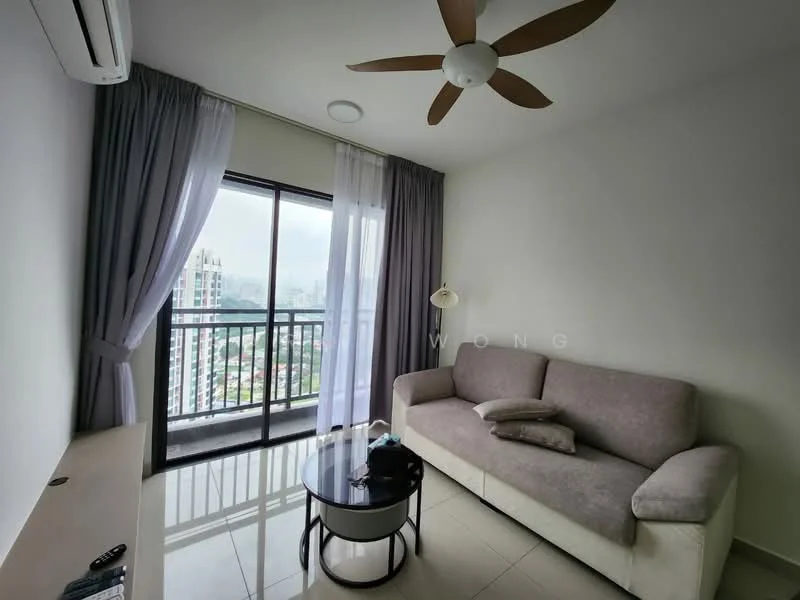Living features: 3-seater fabric sofa in light grey, round coffee table with black base, floor-to-ceiling windows, sheer curtains, blackout curtains, ceiling fan with 5 blades, air conditioning unit, light-colored walls, tile flooring, decorative lamp, view of city skyline; style: modern; view: city.