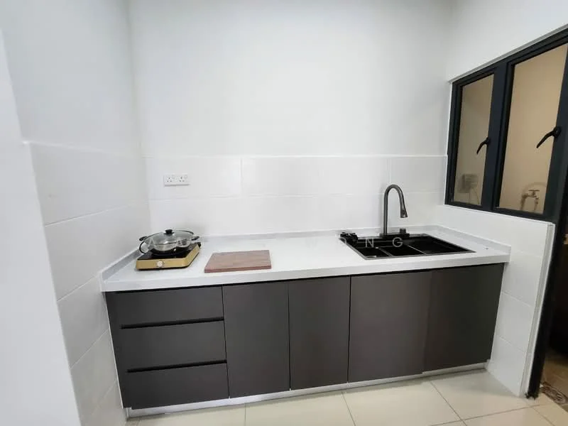 Kitchen features: white tiled walls, grey cabinetry, marble countertop, single-bowl stainless-steel sink, chrome pull-down faucet, built-in gas hob, cooking pot on stove, cutting board, floor tiles, window with black frame; style: modern.