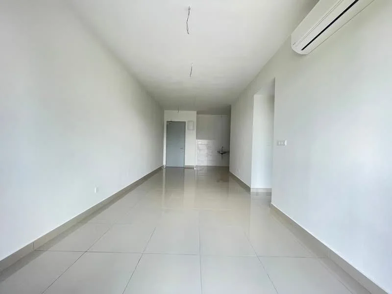 Room features: white painted walls, glossy ceramic tile flooring, recessed downlights, 1 wall-mounted split AC, open layout, neutral color scheme, no visible furniture, large windows for natural light; style: modern.