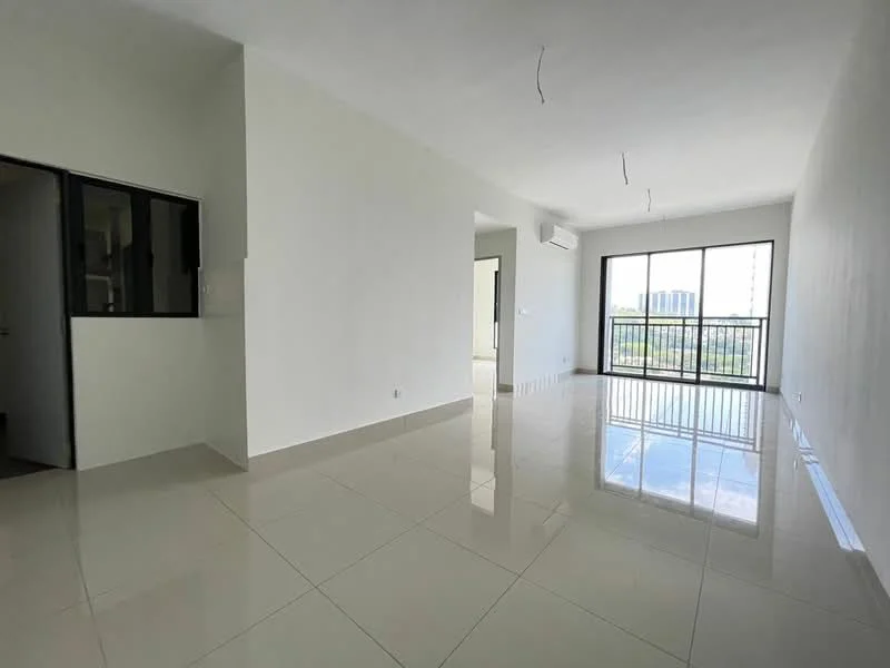 Living features: white painted walls, glossy ceramic tile flooring, floor-to-ceiling windows, sliding glass door, air conditioning unit, open layout, balcony view, natural light; style: modern; view: city.