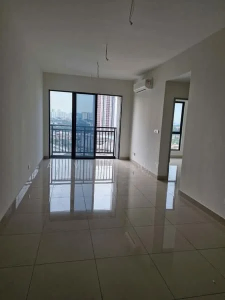 Living features: white painted walls, glossy ceramic tile flooring, floor-to-ceiling windows, sliding glass door, city view, 1 wall-mounted split AC, recessed downlights, neutral color scheme; style: modern; view: city.