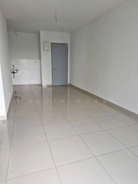 Room features: white painted walls, glossy ceramic tile flooring, single-bowl stainless-steel sink, grey door, no visible lighting fixtures, empty space, no furniture, minimal decor; style: modern.