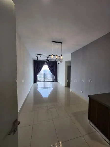 Living features: glossy tile flooring, grey painted walls, white ceiling, 5-blade ceiling fan with light, track lighting, floor-to-ceiling windows, curtains in dark purple, balcony access, open layout, wall-mounted air conditioning unit; style: modern; view: city.
