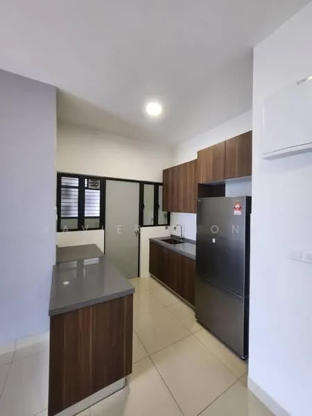 Kitchen features: grey granite countertop, brown wooden cabinetry, stainless-steel fridge, built-in oven, single-bowl stainless-steel sink, chrome pull-down faucet, tile flooring, recessed ceiling lights, window with black frames, white walls; style: modern.