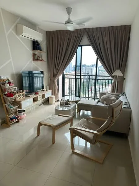 Living features: floor-to-ceiling windows, curtains, 3-seater sofa, 2 lounge chairs, coffee table, TV console, wall-mounted TV, air conditioning unit, light-colored walls, glossy tile flooring, decorative shelving unit, city view; style: modern; view: city.