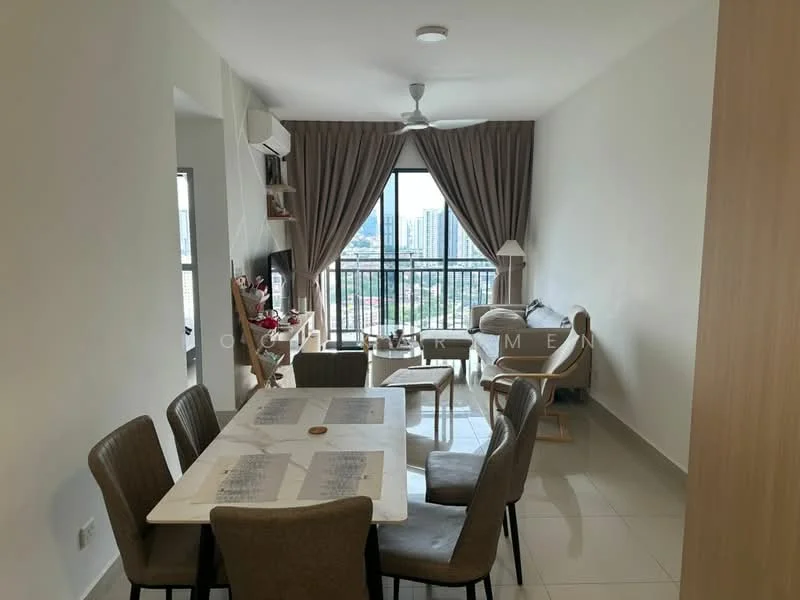 Dining features: 6-seater dining table, upholstered dining chairs, pendant light, floor-to-ceiling windows, curtains, white painted walls, ceramic tile flooring, air conditioning unit, decorative wall shelf, sofa, coffee table, area rug; style: modern; view: city.
