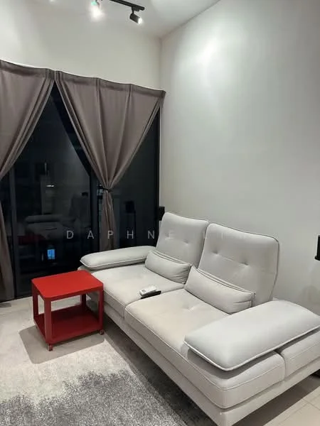 Living features: light grey fabric sofa, red side table, recessed lighting, floor-to-ceiling windows, sheer curtains, dark window frames, area rug with neutral color, wall-mounted lighting fixtures; style: modern.
