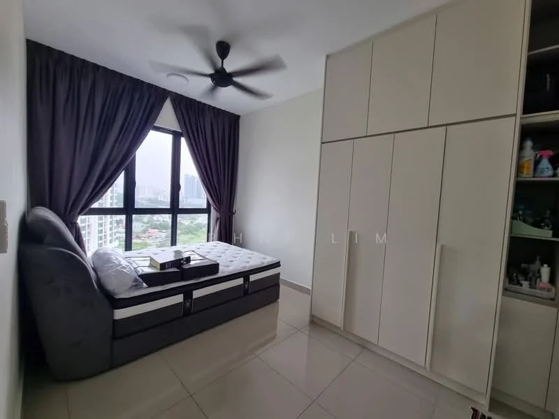 Bedroom features: queen-size bed, upholstered headboard, built-in wardrobe with sliding doors, floor-to-ceiling windows, dark brown curtains, ceiling fan, white painted walls, glossy tile flooring; style: modern; view: city.