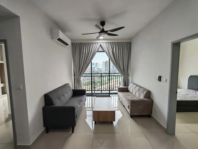 Living features: 2-seater fabric sofa in grey, 3-seater fabric sofa in beige, wooden coffee table, floor-to-ceiling windows, sheer curtains, 5-blade ceiling fan with light, wall-mounted split AC, glossy tile flooring, white painted walls, decorative wall clock; style: modern; view: city.