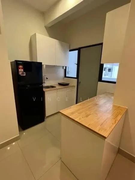 Kitchen features: white cabinetry, black refrigerator, single-bowl stainless-steel sink, chrome pull-down faucet, wood countertop, ceramic tile flooring, grey painted walls, window with black frame, open shelving, under-cabinet lighting; style: modern.