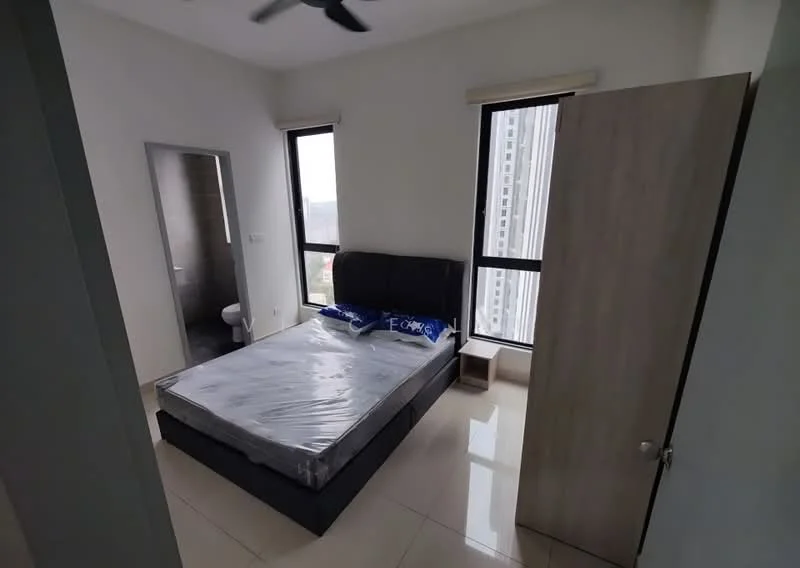 Bedroom features: queen-size bed with plastic cover, two large windows with city view, light-colored walls, cream tiled flooring, ceiling fan, built-in wardrobe with wooden finish, nightstand, minimalist decor; style: modern; view: city.