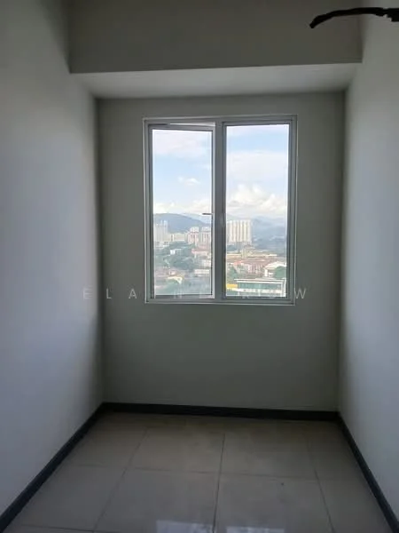 Room features: white painted walls, grey tiled flooring, floor-to-ceiling window, city view; view: city.