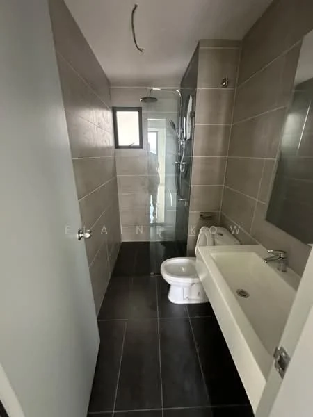 Bathroom features: grey tiled walls, black tile flooring, bathtub, single-sink vanity with white cabinet, chrome basin mixer faucet, framed mirror, walk-in shower with glass enclosure, toilet, window for natural light, recessed lighting; style: modern.