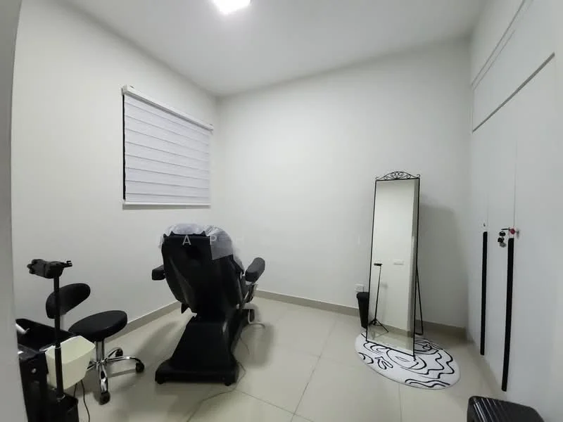 Room features: white painted walls, tile flooring, large window with blinds, black reclining chair, black rolling stool, full-length mirror, black and white area rug, built-in wardrobe with sliding doors; style: modern.
