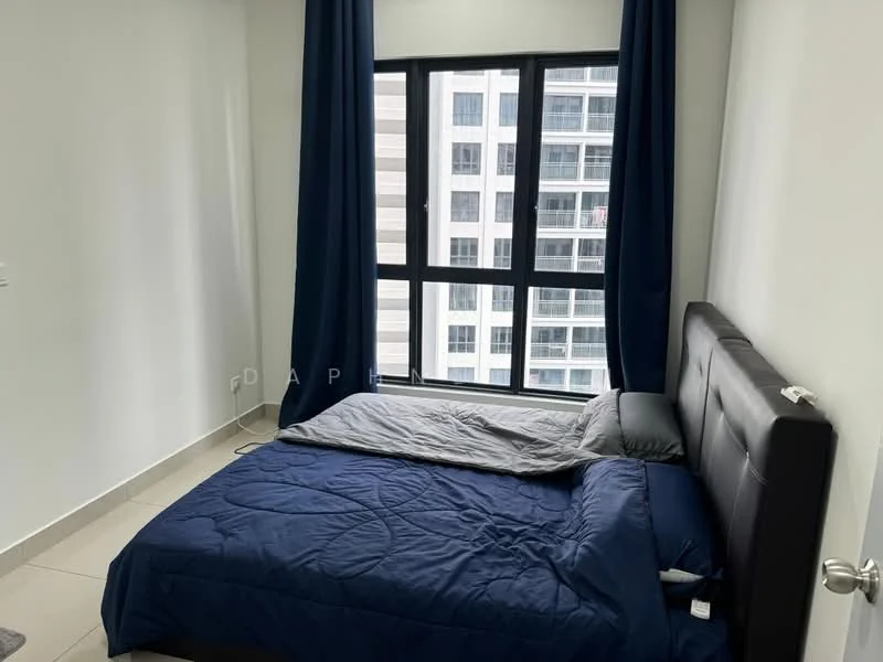 Bedroom features: queen-size bed with dark upholstered headboard, blue bedding, floor-to-ceiling windows, blackout curtains, light-colored walls, tile flooring, nightstand, wall-mounted light switch; style: modern; view: city.
