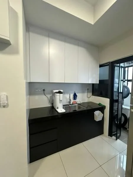 Kitchen features: black granite countertop, white high-gloss cabinetry, stainless-steel sink, chrome pull-down faucet, built-in kitchen appliances, tile flooring, wall-mounted cabinets, under-cabinet lighting; style: modern.