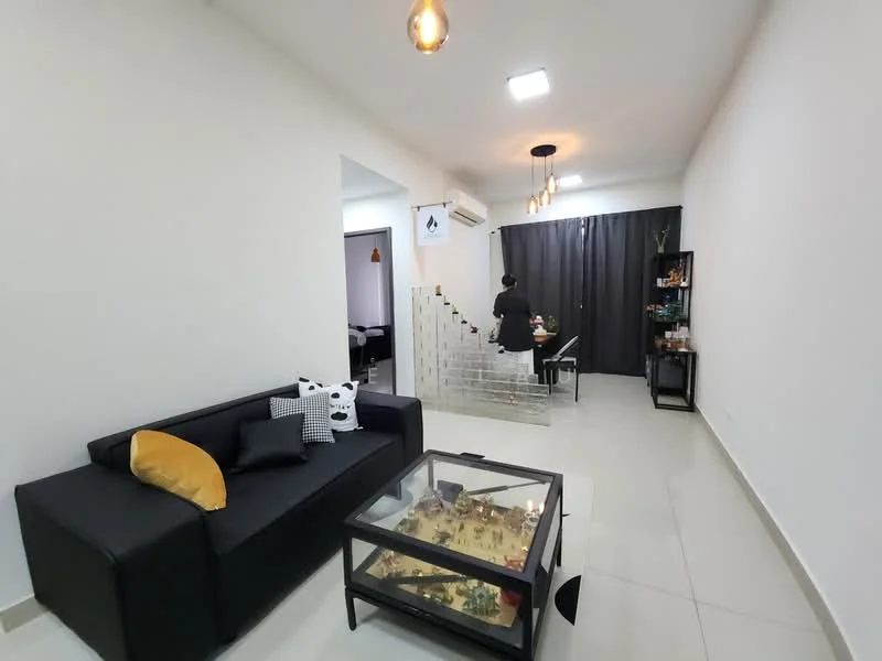 Living features: black fabric sofa, decorative cushions, glass coffee table, white walls, recessed ceiling lights, pendant light fixture, tile flooring, air conditioning unit; style: modern. Dining features: dining table, black chairs, dark curtains, decorative shelving unit; style: modern.
