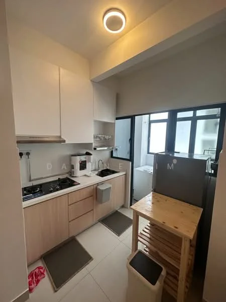 Kitchen features: white cabinetry, stainless-steel sink, chrome pull-down faucet, 2-burner gas hob, built-in oven, stainless-steel fridge, wooden countertop, tile flooring, recessed ceiling light, window with black frame, open shelving, kitchen island with wooden base; style: modern.