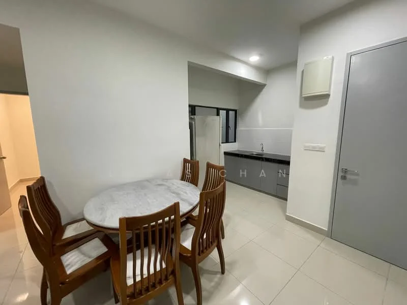 Dining features: round marble dining table, 4 wooden dining chairs, white walls, tile flooring, recessed downlights, air conditioning unit on wall; style: modern. Kitchen features: grey cabinetry, black countertop, stainless-steel sink, single-bowl stainless-steel sink, built-in refrigerator, tile backsplash, window above sink; style: modern.