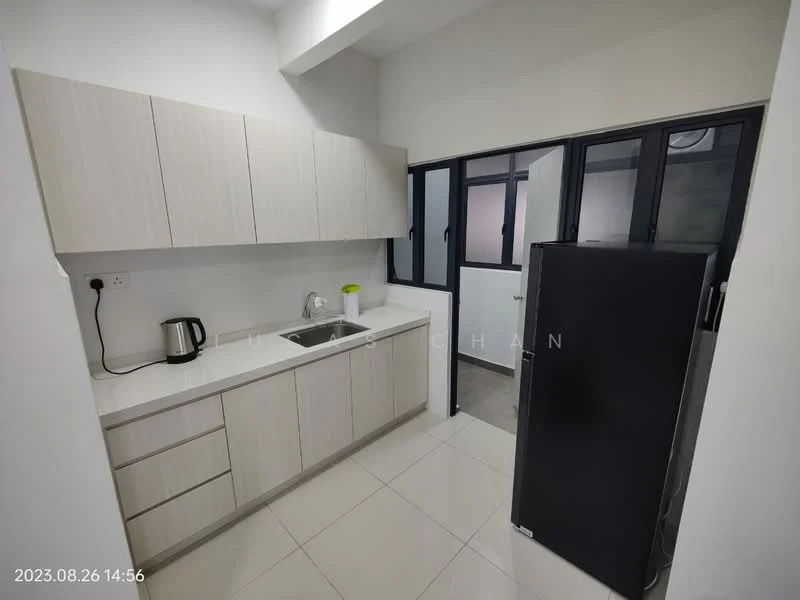 Kitchen features: light wood cabinetry, white quartz countertop, single-bowl stainless-steel sink, chrome pull-down faucet, built-in refrigerator in black, kettle, ceramic tile flooring, wall-mounted cabinets, window with black frame, open layout, modern design; style: modern.