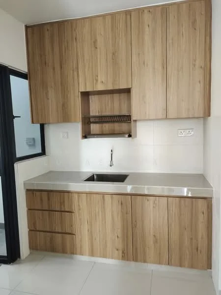 Kitchen features: wood cabinetry with a natural finish, grey stone countertop, single-bowl stainless-steel sink, chrome pull-down faucet, open shelving above sink, white tiled backsplash, white walls, large window for natural light, ceramic tile flooring; style: modern.