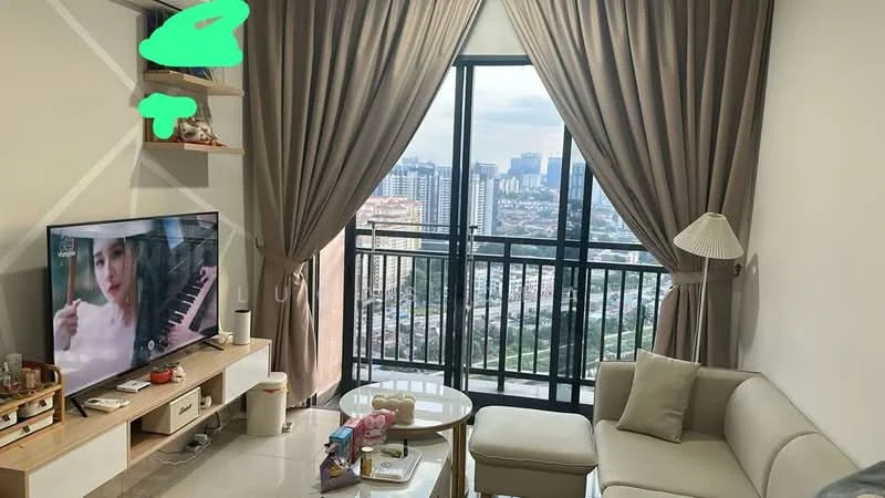 Living features: floor-to-ceiling windows, grey fabric sofa, round coffee table, TV console, wall-mounted TV, shelves with decorative items, curtains, marble tile flooring, decorative lamp; style: modern; view: city.