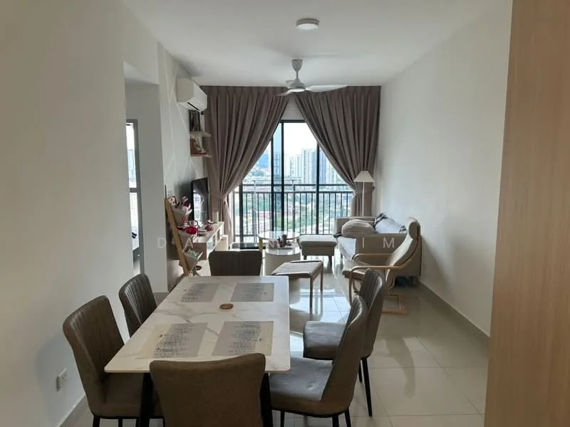 Dining features: 6-seater dining table, upholstered dining chairs, pendant light, floor-to-ceiling windows, city view, light-colored tiled flooring, neutral painted walls, wall-mounted TV, open shelving, ceiling fan; style: modern; view: city. Living features: sofa, armchair, coffee table, light-colored tiled flooring, neutral painted walls, floor-to-ceiling windows, curtains, decorative items on shelves; style: modern; view: city.
