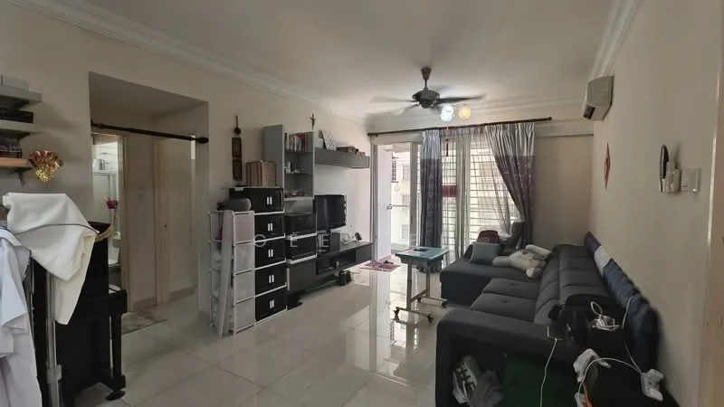 Living features: white painted walls, glossy tile flooring, 5-blade ceiling fan with light, sofa in dark grey, coffee table, TV console, wall-mounted TV, curtains, decorative wall shelves, air conditioning unit, decorative items on shelves, open layout to adjacent room; style: modern. Room features: doorway leading to another room, light-colored walls, additional furniture visible.
