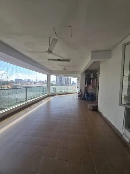 Room features: large balcony, floor-to-ceiling windows, sliding glass door, ceramic tile flooring, ceiling fan, city view, white walls, exposed concrete ceiling, outdoor seating area; style: modern; view: city.