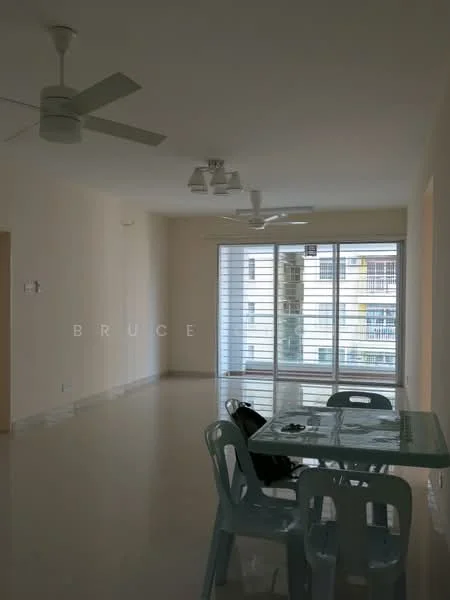 Dining features: light-coloured walls, polished floor tiles, 5-blade ceiling fan with light, dining table with glass top, plastic dining chairs, large sliding glass door, window with horizontal blinds, natural light from window; style: modern. Room features: light-coloured walls, polished floor tiles, 5-blade ceiling fan with light.