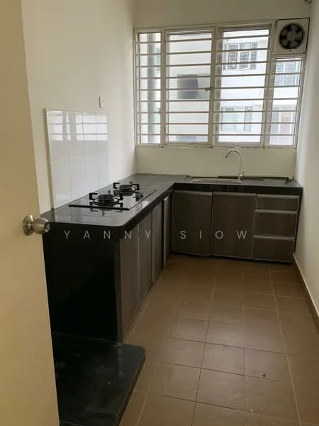 Kitchen features: black granite countertop, stainless-steel sink, single-bowl sink, chrome faucet, built-in gas hob, grey cabinetry, tile backsplash, window with horizontal slats, ceramic tile flooring, wall-mounted exhaust fan; style: modern.