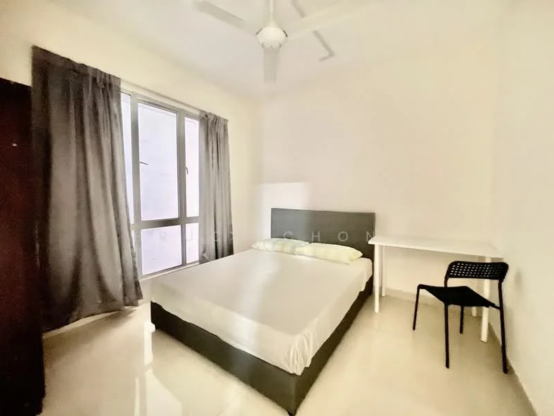 Bedroom features: queen-size bed, white bedding, floor-to-ceiling windows, grey sheer curtains, white walls, polished tile flooring, ceiling fan, study desk, black chair, built-in wardrobe; style: minimalist.