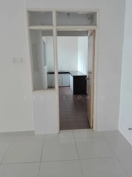 Room features: white painted walls, glossy tile flooring, doorway leading to another room, window visible in adjacent room, black countertop in adjacent room, light-colored cabinetry in adjacent room, neutral color scheme; style: modern.
