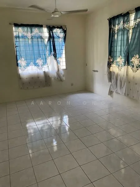 Room features: white painted walls, glossy white tile flooring, ceiling fan, two windows with blue curtains, natural light from windows, empty space.
