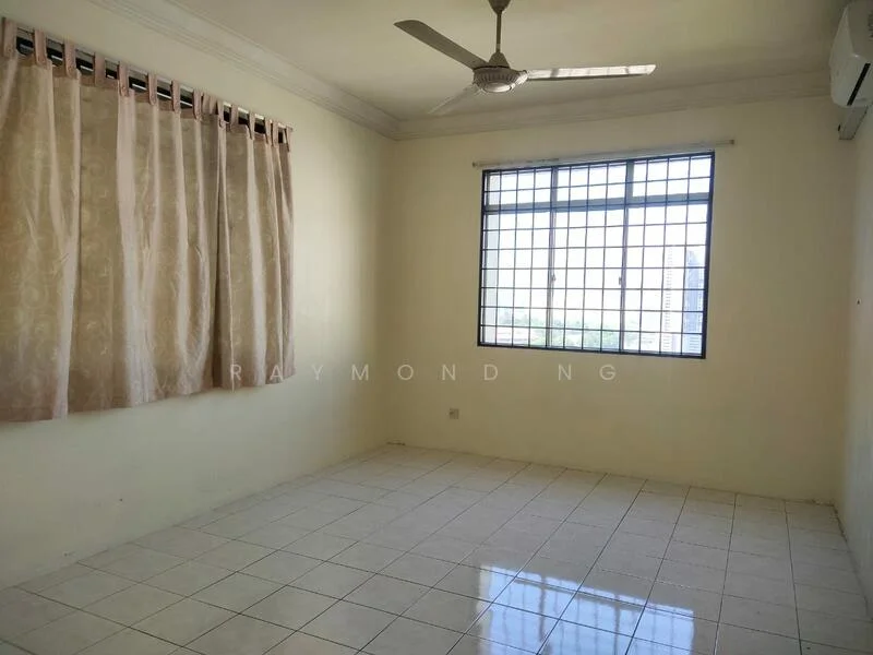 Room features: cream painted walls, white tiled flooring, 5-blade ceiling fan, large window with grid pattern, curtains, air conditioning unit.