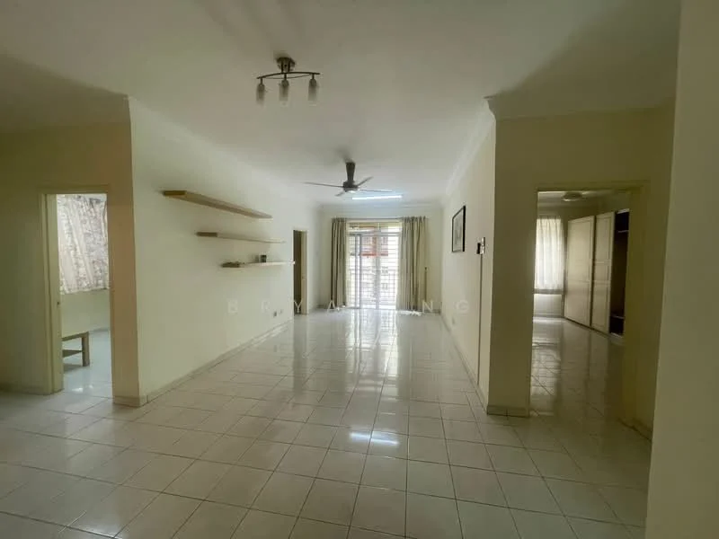Living features: white painted walls, glossy ceramic tile flooring, 5-blade ceiling fan with light, large sliding glass door, sheer curtains, built-in shelving unit, natural light from windows, neutral color scheme; style: modern. Room features: doorway leading to another room, doorway leading to hallway, light-colored walls, natural light from windows.
