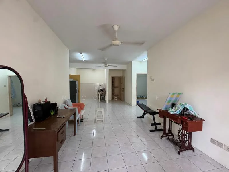 Room features: white painted walls, glossy ceramic tile flooring, ceiling fan, dining table, wooden desk, exercise bench, mirror, stool, refrigerator, open layout.